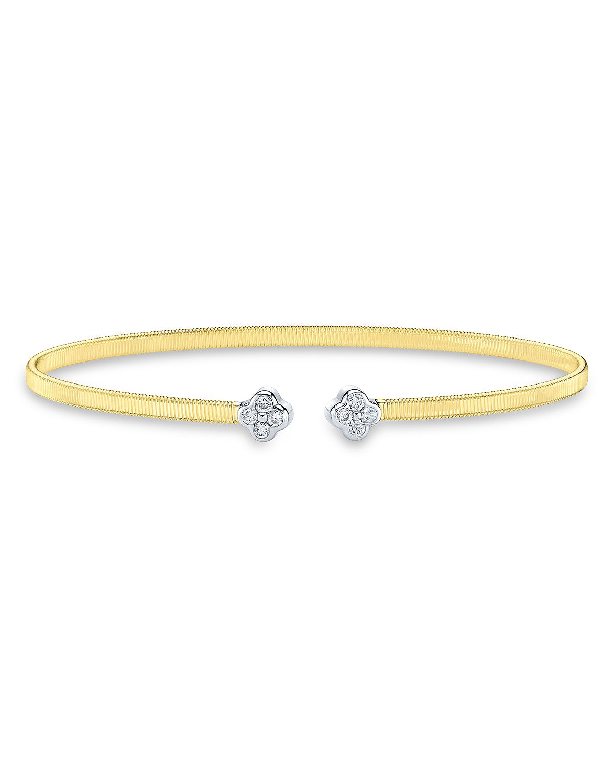 Shy Creation 14K White & Yellow Gold Diamond Clover Cuff Bangle Bracelet