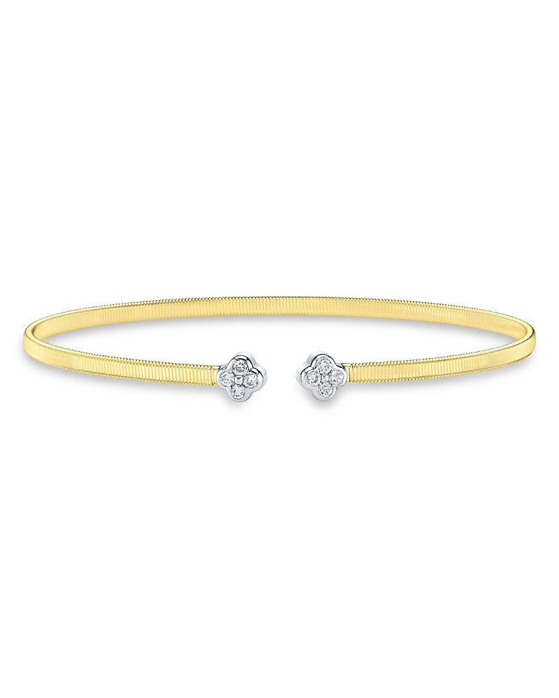 Shy Creation 14K White & Yellow Gold Diamond Clover Cuff Bangle Bracelet