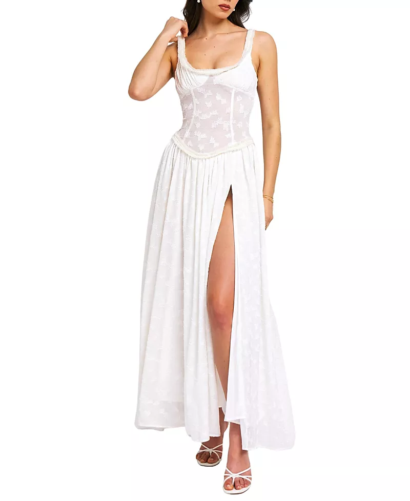 Miss Circle Ulissa High Slit Square Neck Jacquard Maxi Dress
