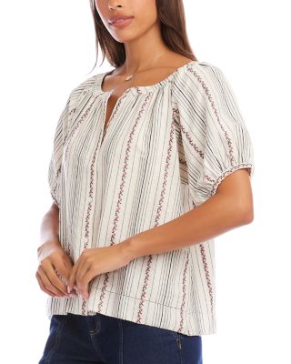 Stripe Puff Sleeve Embroidered Peasant Top