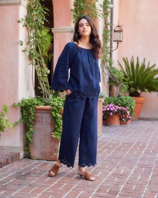 Flare Sleeve Embroidered Scallop Edge Peasant Top