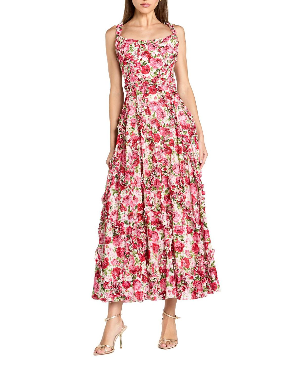 Mac Duggal Petite Floral Cotton Ruffle Square Neck Ankle Dress