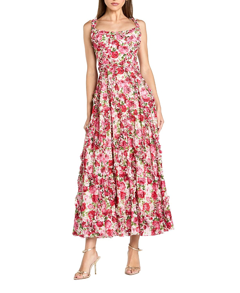 Mac Duggal Petite Floral Cotton Ruffle Square Neck Ankle Dress