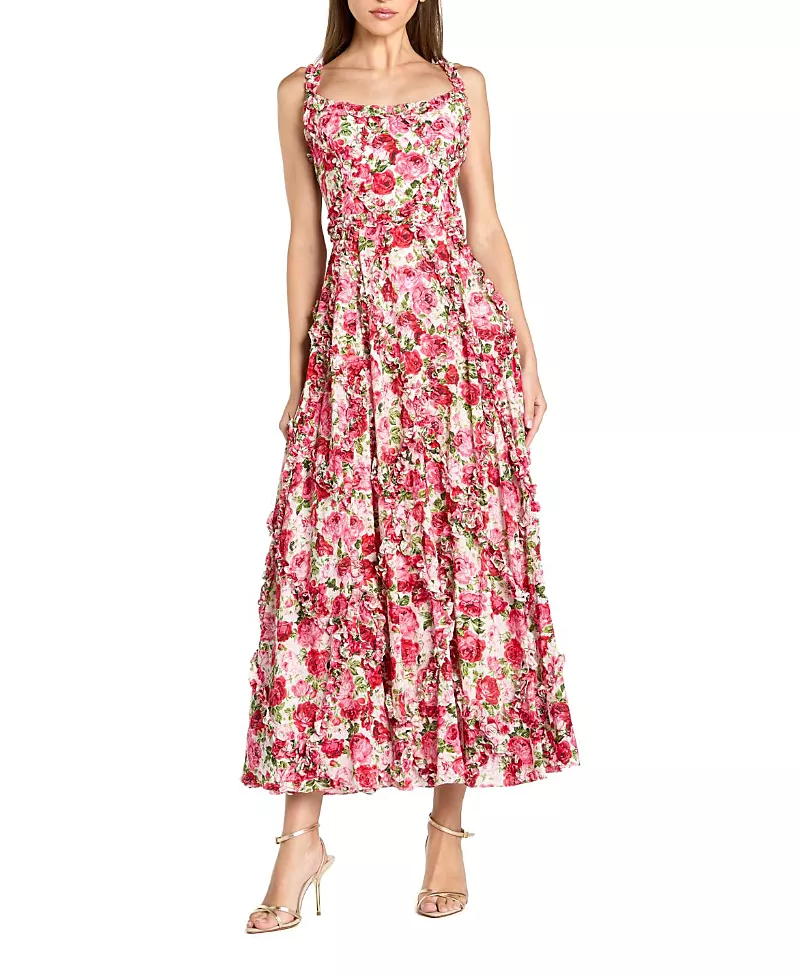 Mac Duggal Petite Floral Cotton Ruffle Square Neck Ankle Dress