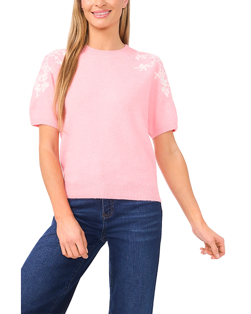 CeCe Embroidered Short Sleeve Sweater