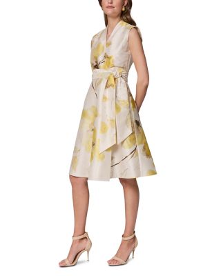 Sleeveless V Neck Jacquard Faux Wrap A Line Dress