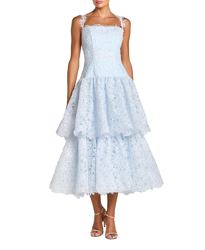 Mac Duggal Petite Sleeveless Embroidered Lace Tiered Midi Dress