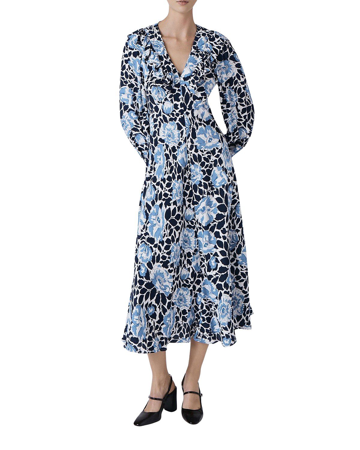 Ghost London Noa Floral Crepe V Neck Midi Dress