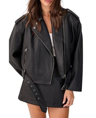 Belted Faux Leather Biker Jacket