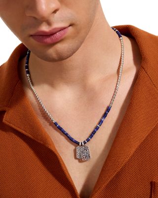 Men's Sterling Silver Heishi Lapis Lazuli Tag Pendant Necklace, 22"