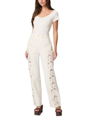 Sawyer High Rise Wide Leg Jeans in Tonal Ecru Embroidered