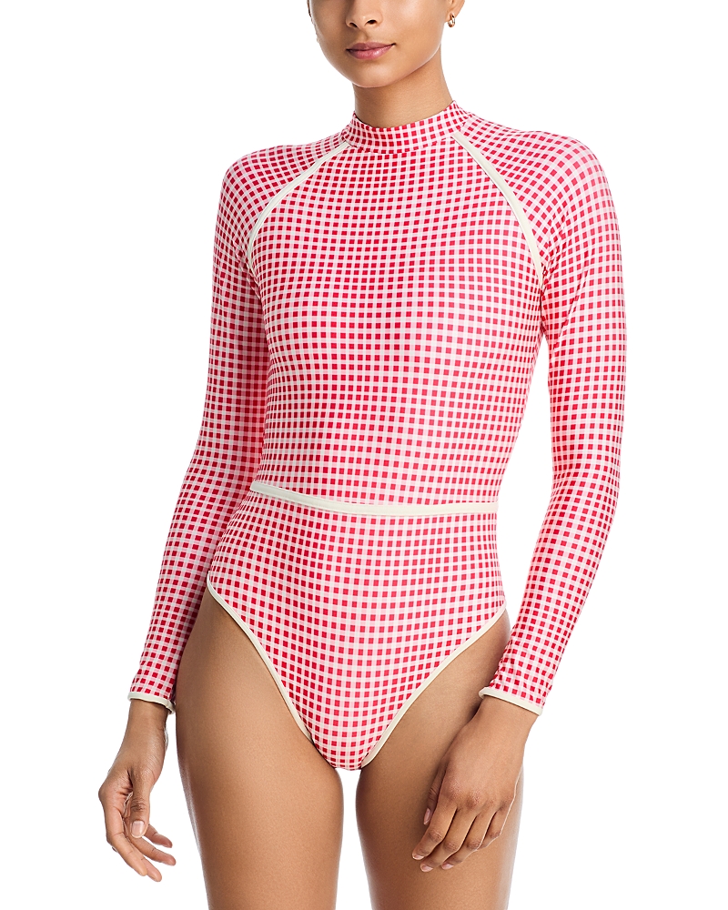 Aqua Gingham Long Sleeve One Piece Swimsuit - Exclusive