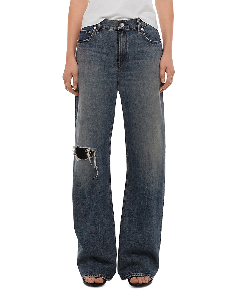 Helmut Lang High Rise Ripped Bootcut Jeans in Tinted Vintage Blue