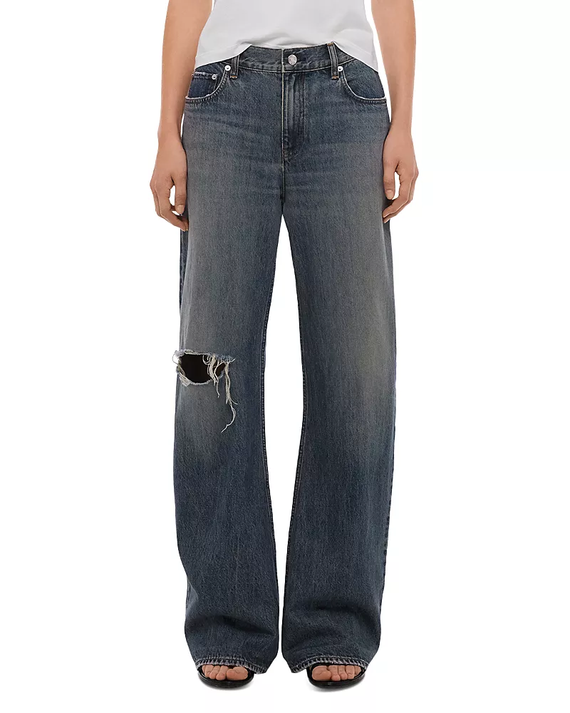 Helmut Lang High Rise Ripped Bootcut Jeans in Tinted Vintage Blue