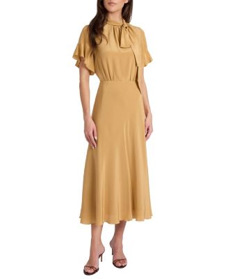  Sabrina Silk Short Sleeve Tie Neck Midi Dress