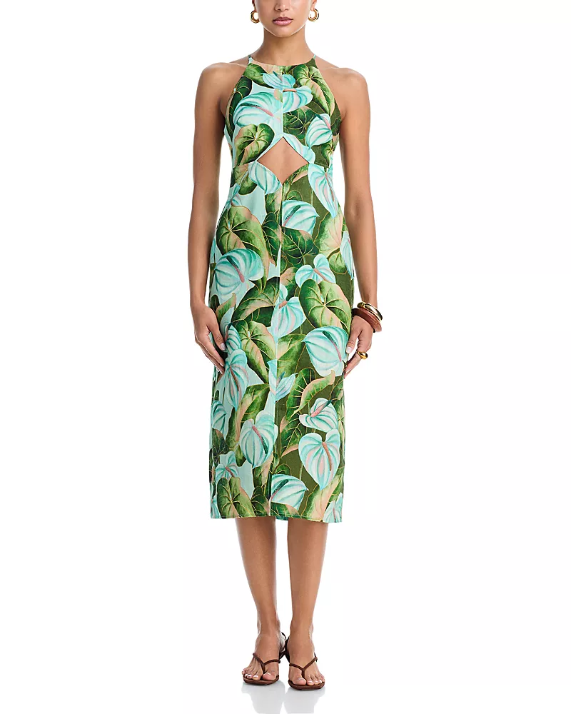 Farm Rio Anturium Leaves Linen Midi Dress