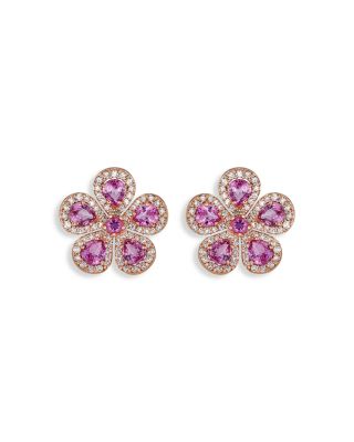 18K Rose Gold Diamond & Pink Sapphire Classic Flower Earrings