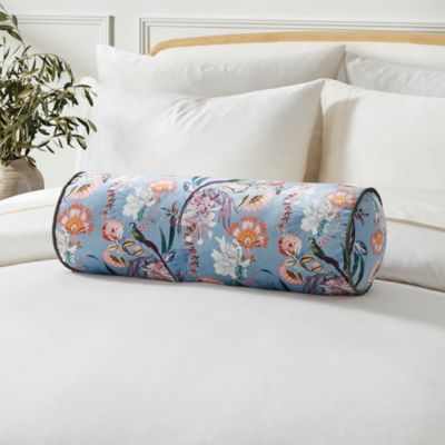 Tropical Birds Printed Velvet Bolster Pillow, 8" x 24"