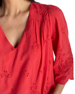 Three Quarter Sleeve V Neck Eyelet Woven Top