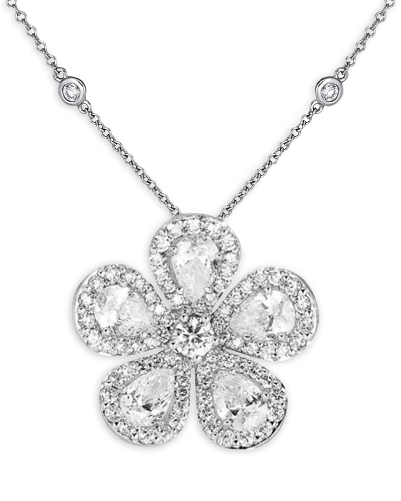 Iranesi 18K White Gold Classic Flower Diamond Pear & Round Large Pendant Necklace, 16
