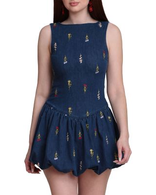 Denim Botanical Embroidery Bubble Hem Romper
