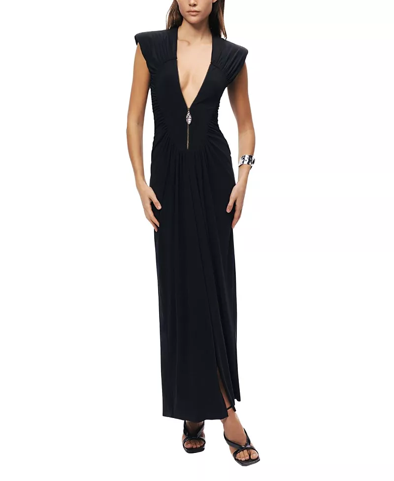 Nocturne Ruched Deep V-Neck Maxi Dress