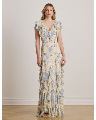 Floral Ruffle Trim Georgette Gown