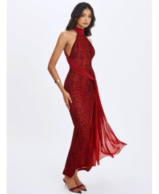  Cerise Burnout Velvet Multiwear Mesh Ribbon Maxi Dress