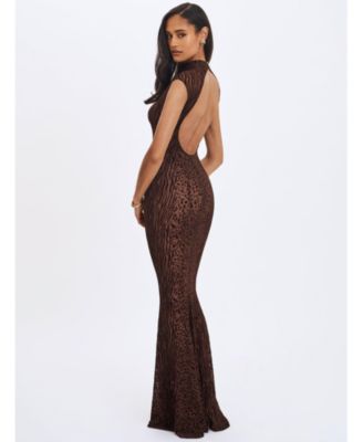  Tyanna Burnout Velvet Mesh Backless Mermaid Maxi Dress