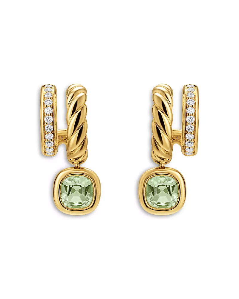 Dy Mercer Color Two Row Drop Earrings in 18K Yellow Gold with Prasiolite and Diamonds, 19.5mm