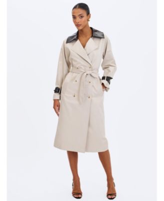  Umber Double-Breasted Faux Leather Lapel Trench Coat