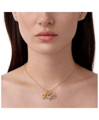 18K Yellow Gold FJ Crystal, Moonstone & Diamond Bee, Flower, & Amulet Triple Charm Pendant Necklace, 16-18"