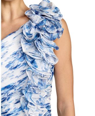  Printed Chiffon One Shoulder Ruched Ruffle Gown