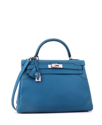 Kelly 32 Handbag Blue Grain d'H and Swift with Palladium Hardware