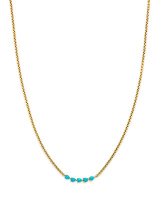 14K Yellow Gold Turquoise Gemstones Five Stone Collar Necklace, 14-16"