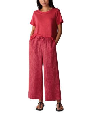 Puckered Linen Grid Wide Ankle Pants with Drawstring