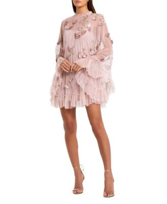 Embellished Long Flare Sleeve Mesh A-Line Dress