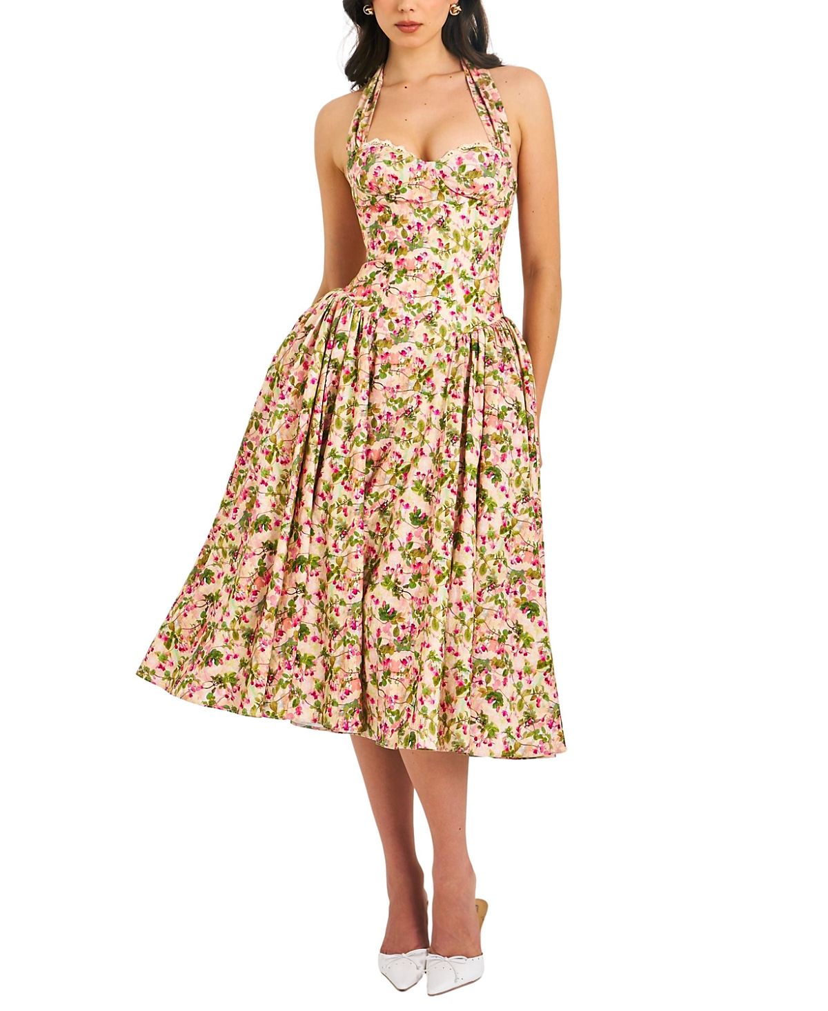 Miss Circle Niya Floral Print Linen Halter Corset Maxi Dress