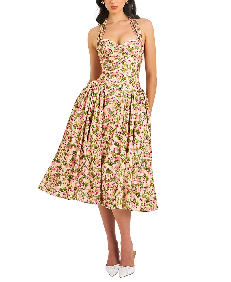 Miss Circle Niya Floral Print Linen Halter Corset Maxi Dress