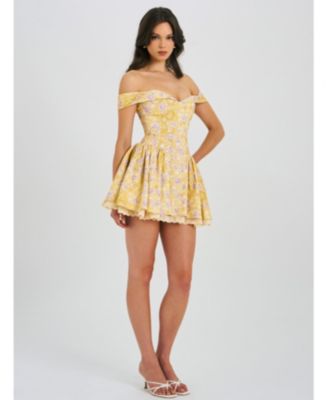  Oana Floral Print Linen Collared Off Shoulder Mini Dress