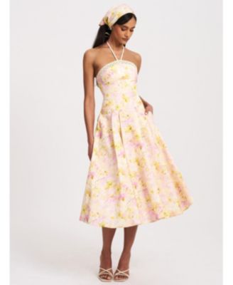  Zaina Floral Print Lace Trim Linen Midi Dress