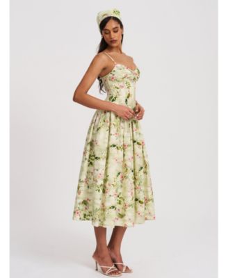  Jacinda Floral Print Ruched Breast Linen Midi Dress