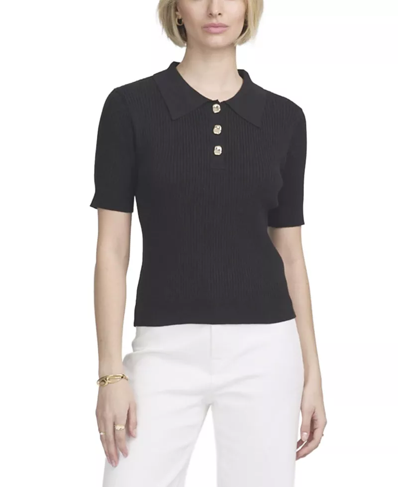 Elle Collection Fine Gauge Ribbed Short Sleeve Henley