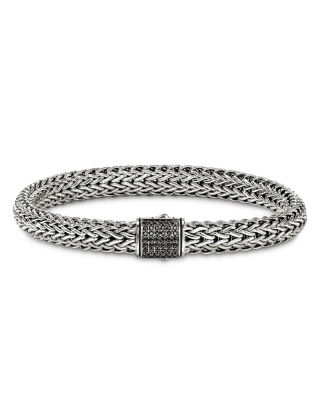 Sterling Silver Icon Black Sapphire Pav&eacute; Clasp Woven Bracelet, 7.5mm