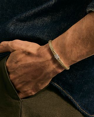 14K Yellow Bonded Gold & Silver Icon Diamond Clasp Reversible Woven Bracelet, 6.5mm