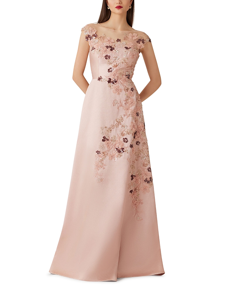 Teri Jon by Rickie Freeman Metallic Jacquard Mesh Yoke Bead Lace Applique Gown