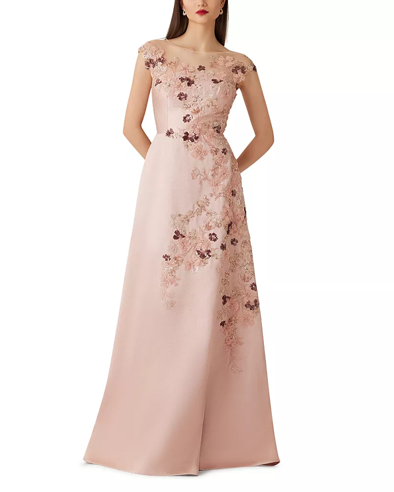 Teri Jon by Rickie Freeman Metallic Jacquard Mesh Yoke Bead Lace Applique Gown