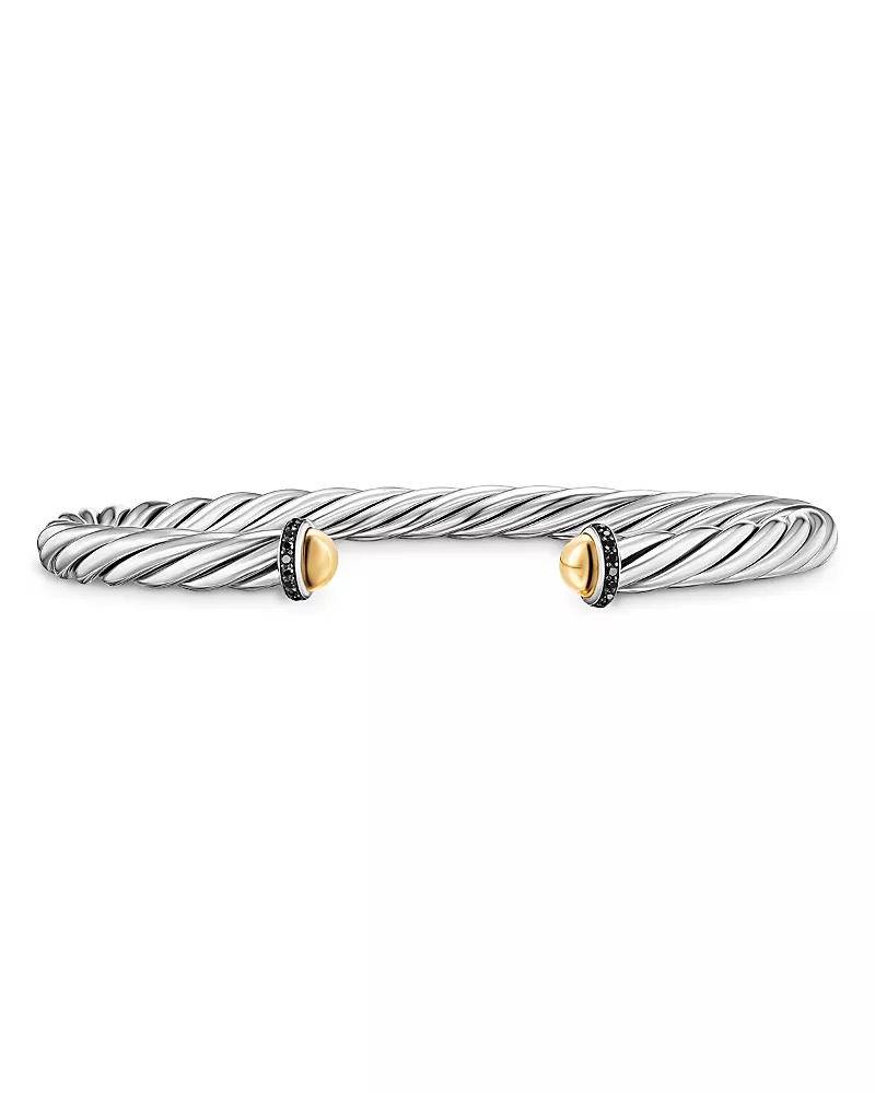 David Yurman Cable Cuff Bracelet in Sterling Silver with 14K Yellow Gold and Black Diamonds, 6mm