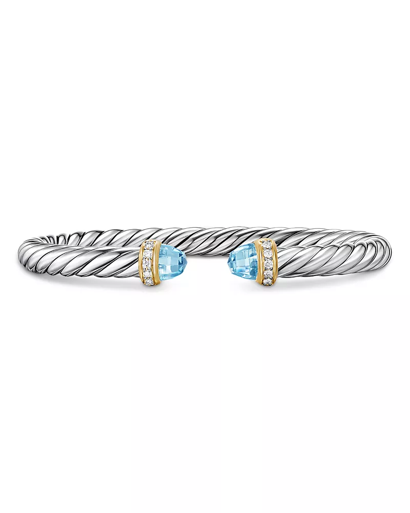 David Yurman Cable Flex Bracelet in Sterling Silver with 14K Yellow Gold, Sky Blue Topaz and Diamonds, 6mm