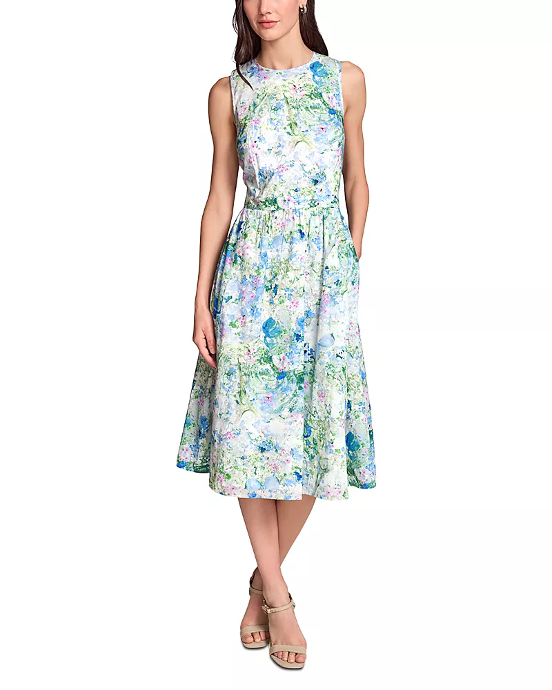 Karl Lagerfeld Paris Printed Sleeveless Tie Back Midi Dress